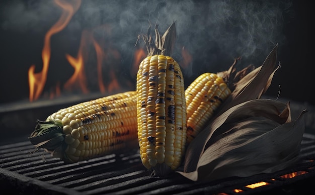 Grilled corn on the grill with a flame in the background. grill close-up bbq background ai generated