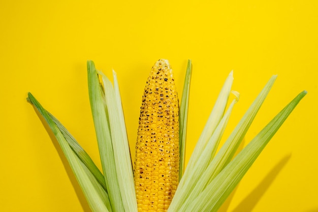 Grilled corn lies on a yellow background bright food shot with flash flashy food