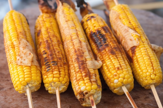 Grilled corn on stick ready to be dipped into variety of sauces and toppings