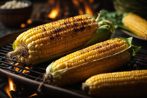 Grilled corn on wooden surface