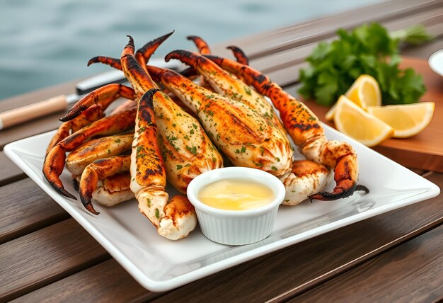 Photo grilled crab legs on a rustic wooden table with lemon and butter