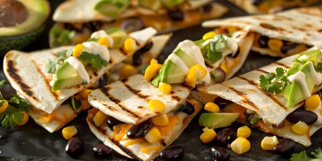 Photo grilled crispy quesadillas with avocado cheese black beans and corn salsa concept vegetarian recipes mexican cuisine easy weeknight dinners avocado dishes comfort food