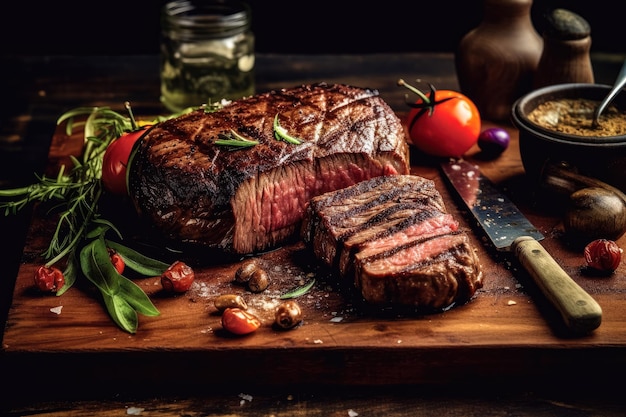 Grilled delicious steak on a wooden board Juicy steak beef served with tomatoes and vegetables on a black wooden background Created with Generative Ai