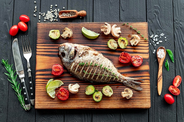 Grilled Dorada fish sea bream with the addition of spices herbs and lemon on the grill plate