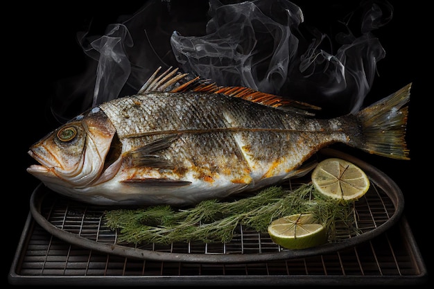 Grilled dorado fish with lemon and parsley Whole Bbq sea bream fish Generative AI