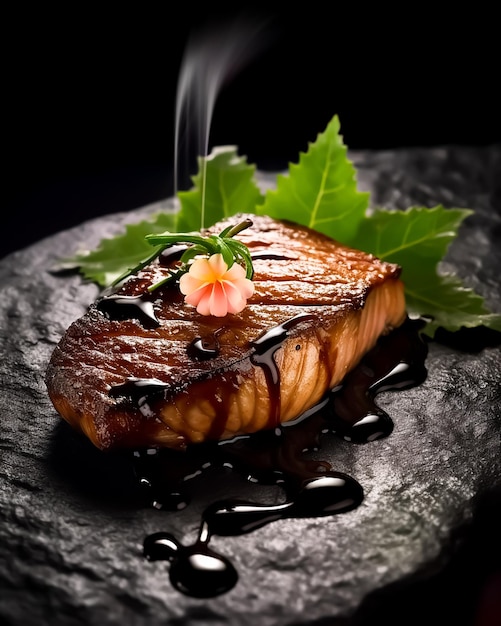 Grilled fillet with black scouse food photography