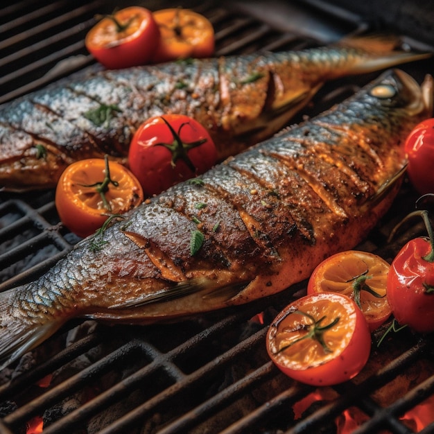 Grilled fish on a grill with tomatoes and herbs