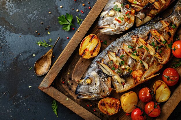 Photo grilled fish and potatoes on wooden tray from above with text space