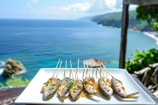 Grilled fish skewers on plate with ocean backdrop Fresh seafood dining