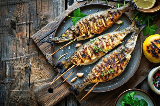 Grilled Fish on Skewers on Rustic Wooden Table