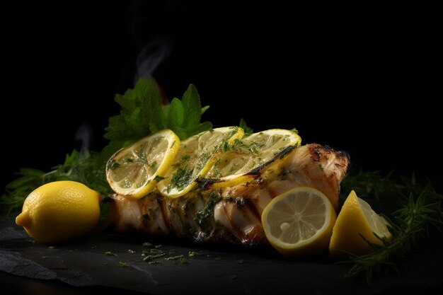 Photo a grilled fish with lemon and lemon on a black background