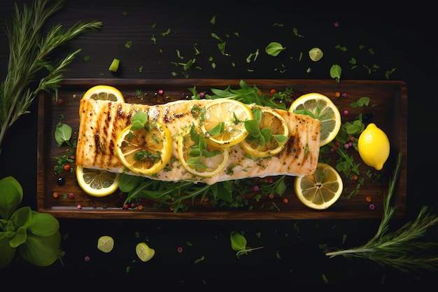 Photo a grilled fish with lemon and lemon slices