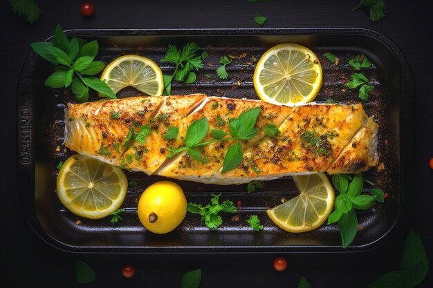 Photo a grilled fish with lemon and parsley on top