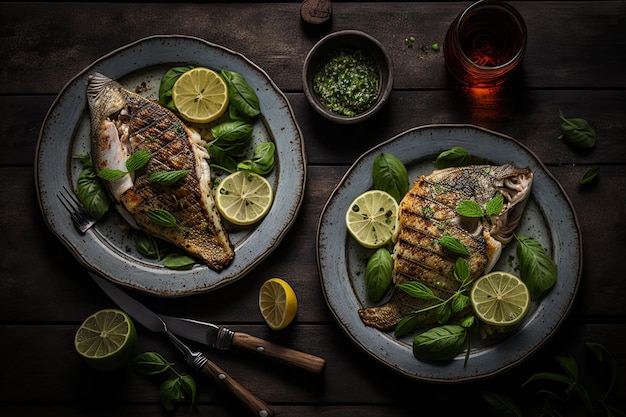 Grilled fish with various vegetables on a pan Deilicious and healthy meal Generative AI