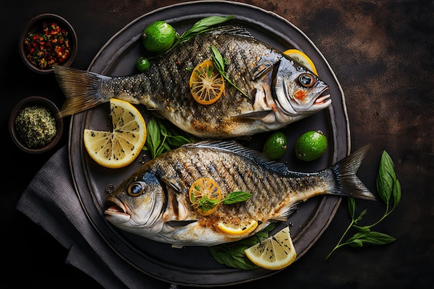 Grilled fish with various vegetables on a pan Deilicious and healthy meal Generative AI