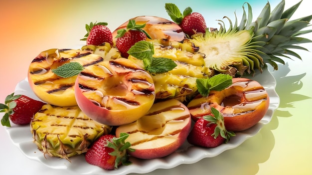 Photo grilled fruits with honey drizzle and mint