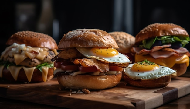 Grilled gourmet burger on rustic wood table generated by artificial intelligence