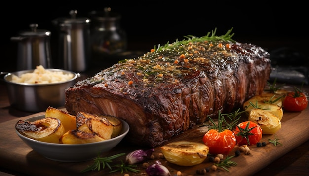 Grilled gourmet steak cooked to perfection on a wooden plate generated by AI