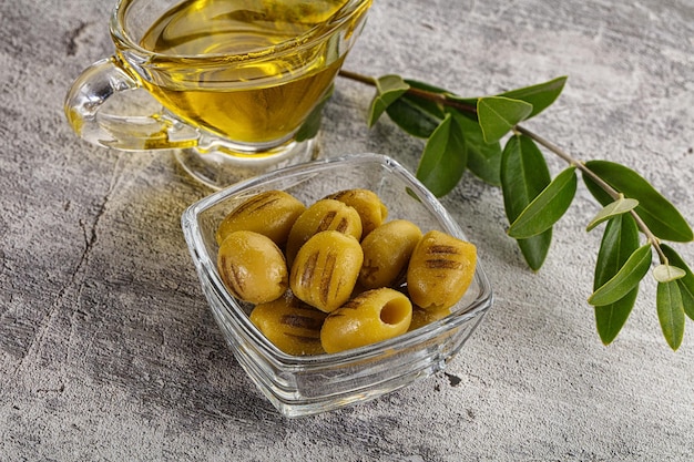 Grilled green olives appetizer snack