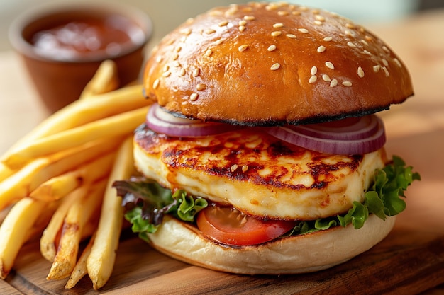 Grilled halloumi burger with lettuce tomato onion and fries on a sesame bun with sauce on the side