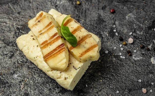 Grilled Halloumi cheese Cyprus squeaky cheese Restaurant menu dieting cookbook recipe top view