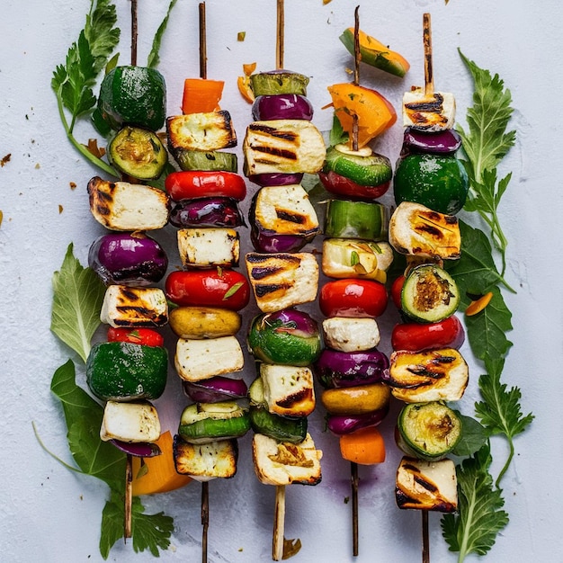 Grilled halloumi cheese and vegetable skewers