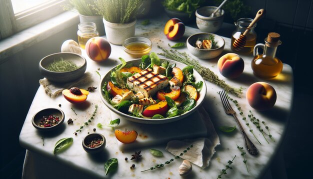 Photo grilled halloumi peach salad on marble counter