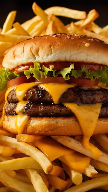 Grilled hamburger meal with fries and cheese