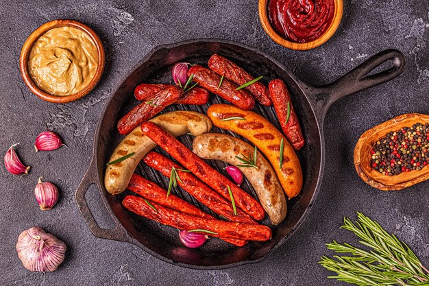 Grilled homemade sausages in a pan, top view.