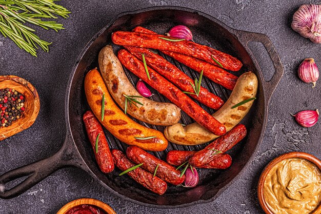 Grilled homemade sausages in a pan