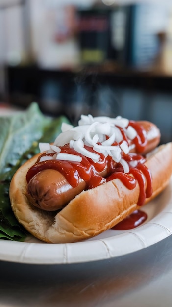 Photo grilled hot dog on bun topped with ketchup and onion generated by artificial intelligence