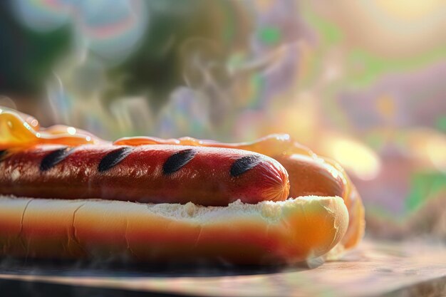 Grilled hot dogs on the table and outdoors in sunny weather