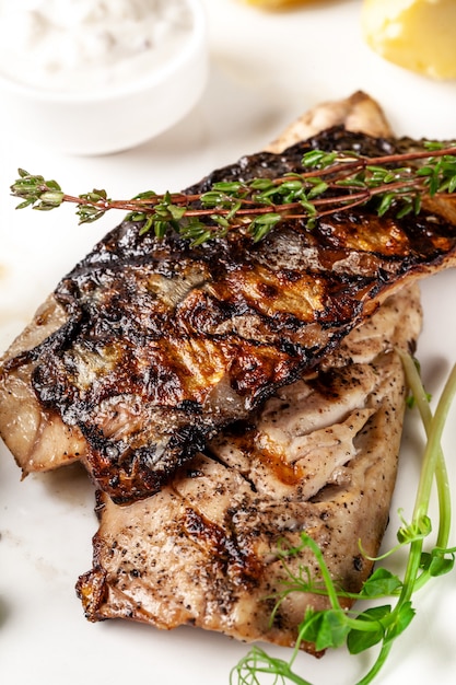 Grilled juicy mackerel, served with mashed potatoes.