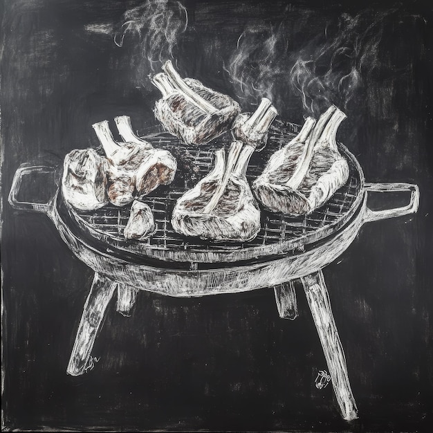 Grilled lamb chops on a barbecue grill Chalk drawing