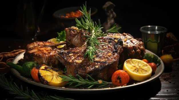 Grilled lamb chops with barbeque sauce on a plate with black and blurry background