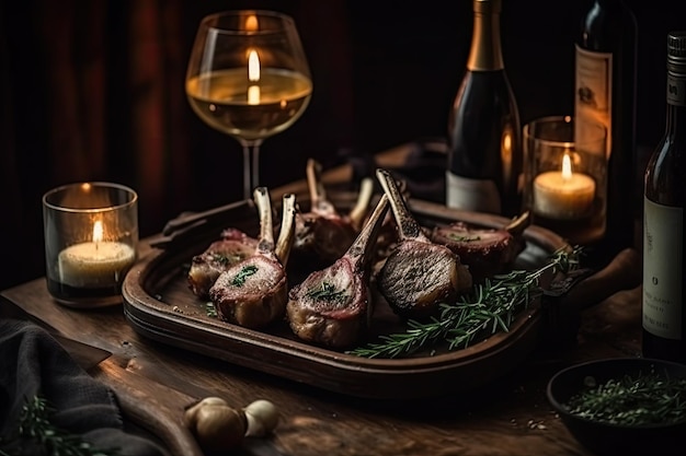 Grilled lamb chops with rosemary garlic and wine on wooden board Delicious Lamb chops close up on a tray with spice AI Generated