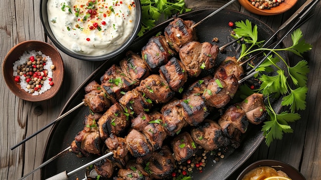 Grilled lamb skewers marinated in Greek yogurt and aromatic sauce Restaurant dish serving closeup high quality course difficult to prepare Culinary excellence concept Generative by AI