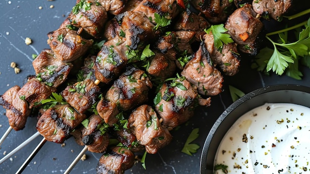 Grilled lamb skewers marinated in Greek yogurt and aromatic sauce Restaurant dish serving closeup high quality course difficult to prepare Culinary excellence concept Generative by AI