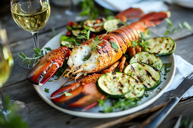 Photo grilled lobster with roasted vegetables and fresh herbs on black plate a gourmet seafood feast