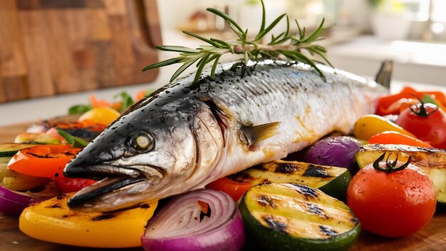 Grilled mackerel fish with vegetables and rosemary