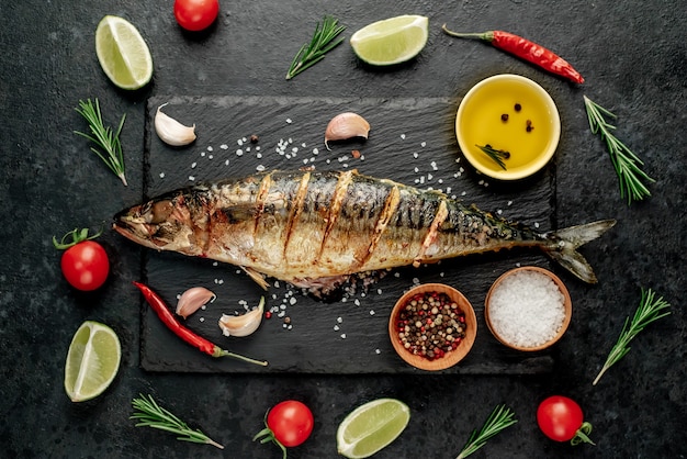 grilled mackerel on stone background