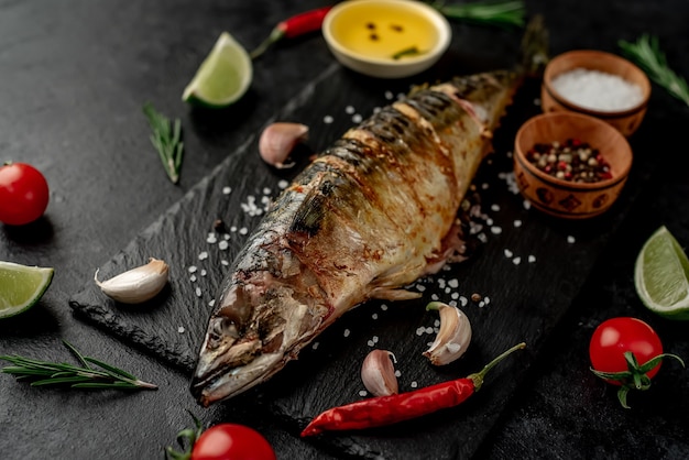 grilled mackerel on stone background