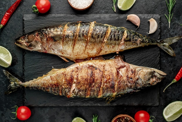 grilled mackerel on stone background