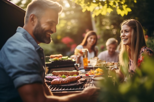 Grilled meat on barbecue grill with friends in background at sunset