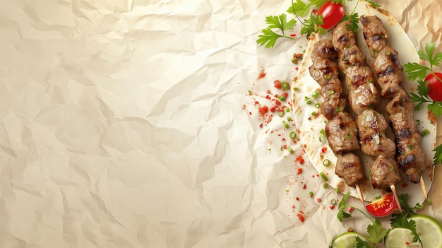 Photo grilled meat kebab fresh herbs and spices textured background of crumpled paper