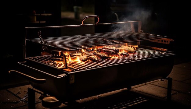 Grilled meat on metal grate glowing flame generated by AI