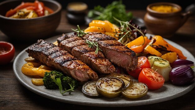 Grilled meat plate with vegetables and salad