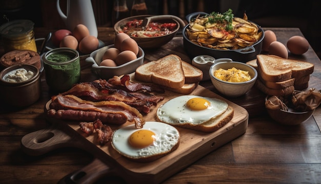 Grilled meat on rustic wooden table plate generated by AI