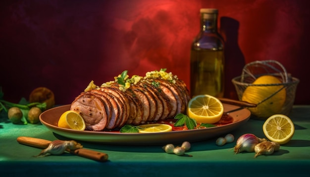 Grilled meat and seafood on rustic wood table with lemon generated by artificial intelligence