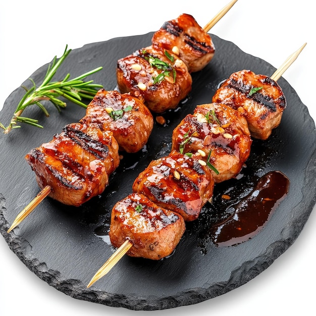 Grilled meat skewers on a black plate garnished with herbs and sauce